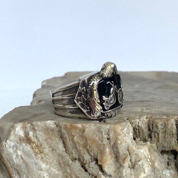 Sterling Silver 925 BGE Heavy Black Onyx Motorcycle Eagle Wide Band Ring Sz 9.5 - Picture 2 of 16
